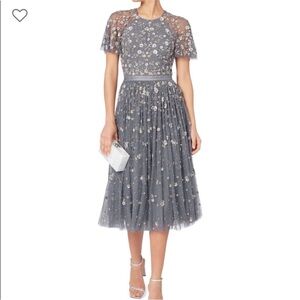 Needle‎ & Thread Comet Midi Dress Size 2 XS Blue Gray Lavender Beaded Open Back